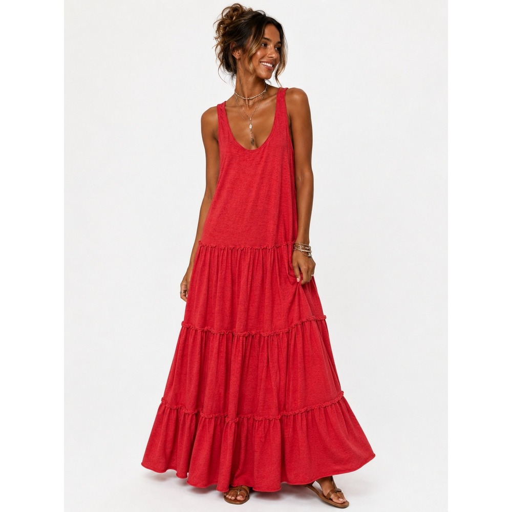 7 Agosto Italy Red 100% Cotton Tiered Maxi Boho Resort Dress Ruffle S